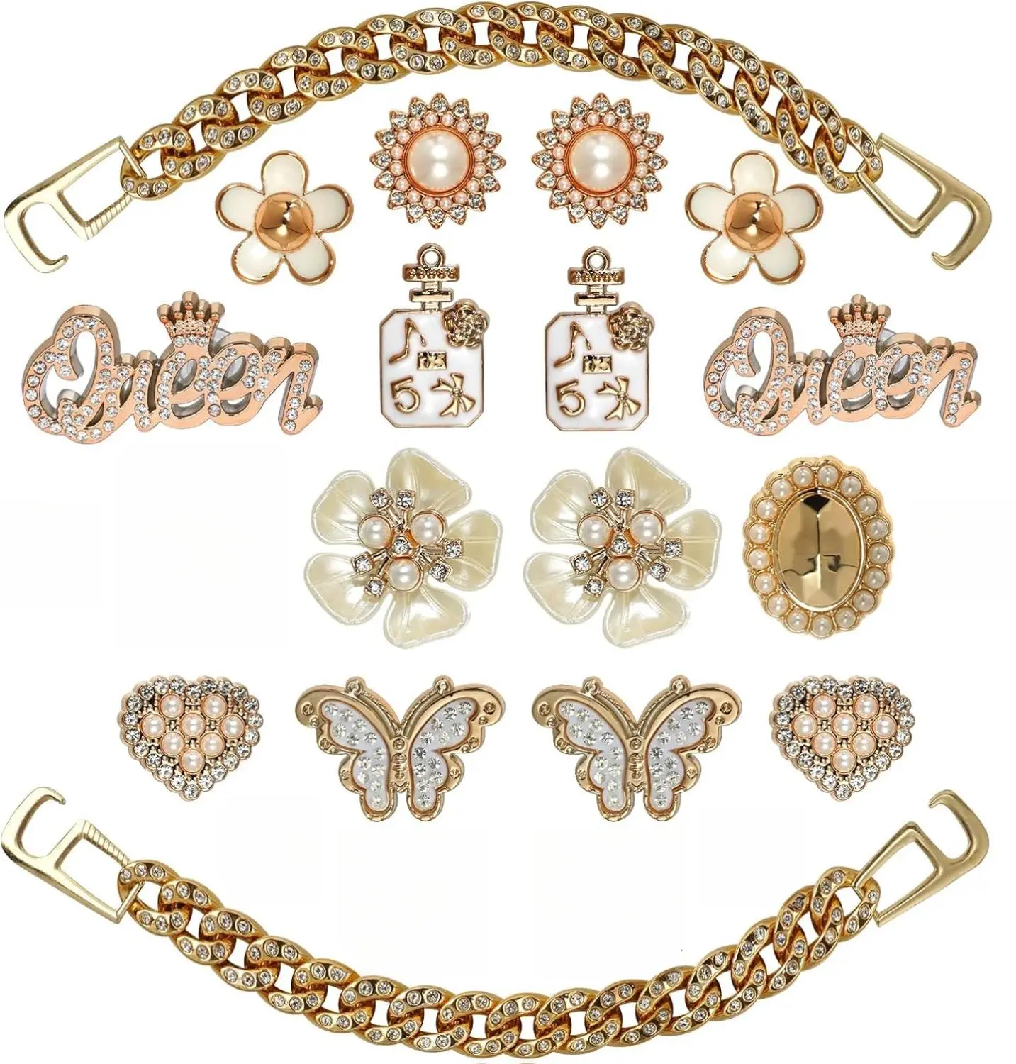 Bling Shoe Charms for Girls and Women, Girly Gold Shoe Charms for Crocs, 24 PCS Glitter Shoe Charms Bulk, Shoe Chains Shoe Pins, Shoe Accessories, Rhinestones Shoe Decoration