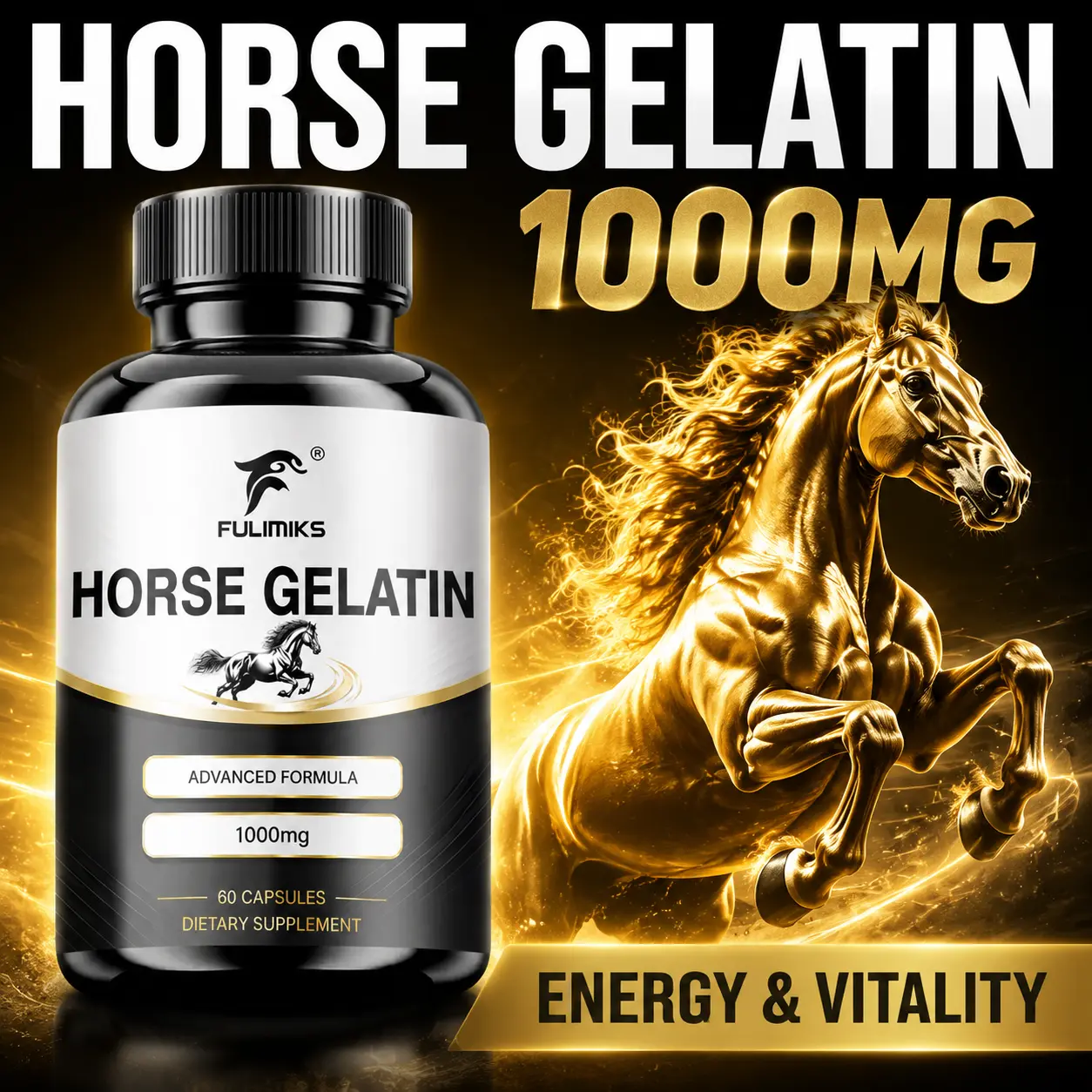All-in-One Horse Gelatin Complex Capsules, Hydrolyzed Equine Gelatin + L-Lysine & Multi Herbal Extracts, Advanced 1000mg Formula, Support Energy, Bone & Muscle Healt, Simple Tokeep On Hand, Nutrition Supplement