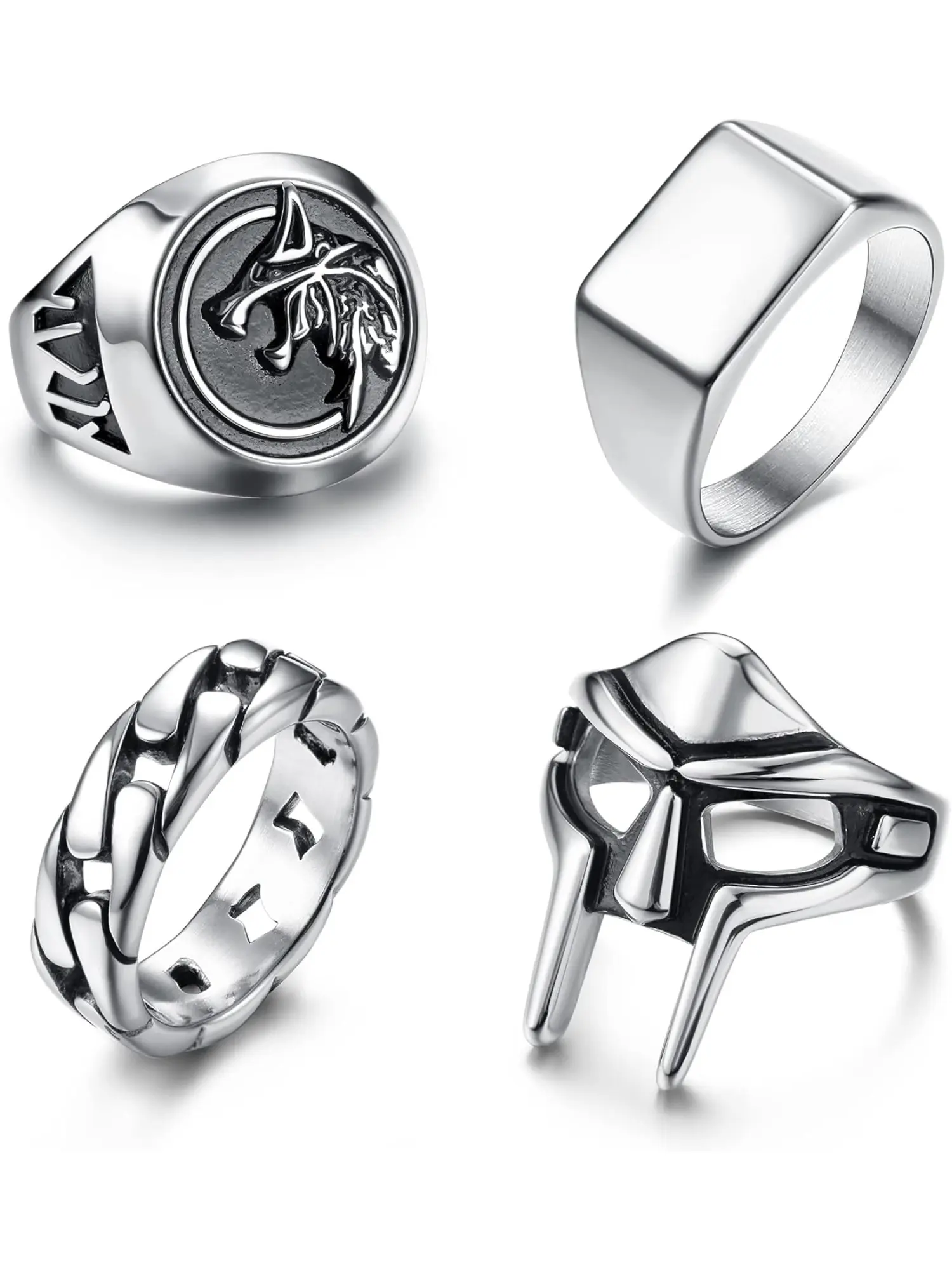 4PCS Men's Ring Set, MF Doom Ring, Wolf Ring, Seal Ring, Chain Ring Set, Stainless Steel Rings for Men, Stainless Steel, Statement Multi Ring