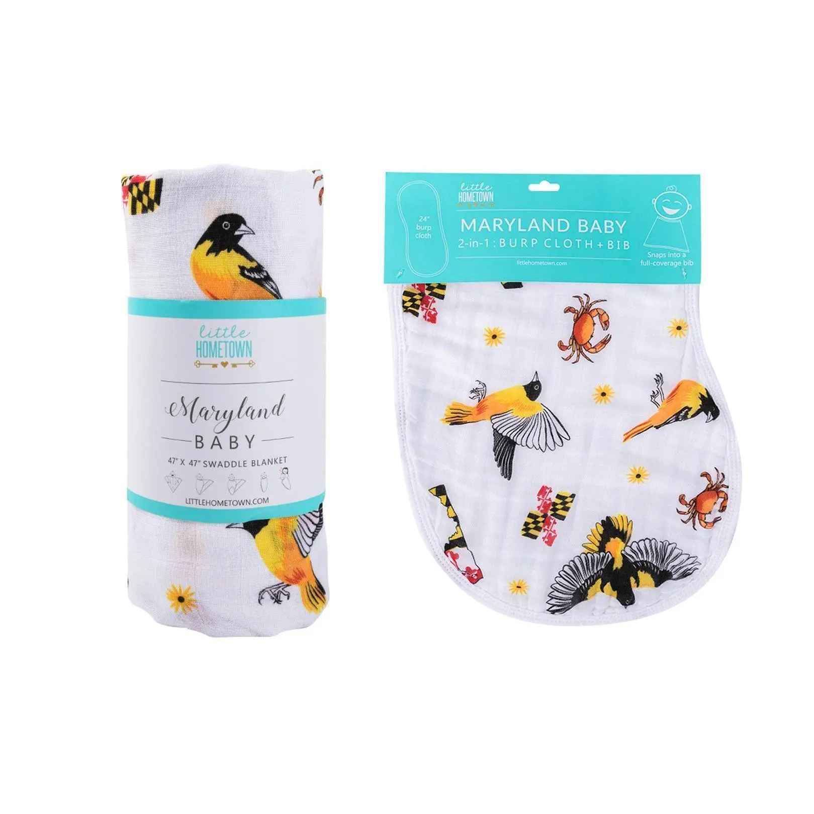 Maryland Baby Gift Set – Muslin Swaddle Blanket & 2-in-1 Burp Cloth Bib | Soft Bamboo Organic Cotton Newborn Baby Shower Gift | Maryland Flag, Blue Crab & Oriole Receiving Blanket