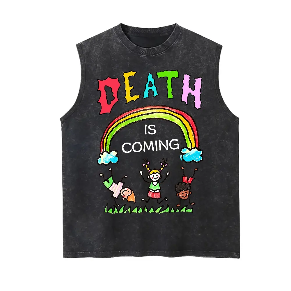 Men's Heavyweight Cotton Tank Top - Retro Vintage Washed Oversized Alt Aesthetic Vest, Bold 'Death Is Coming' Graphic Print, Soft Drape, Round Neck, Crew Fit, Multi-Size Loose Design