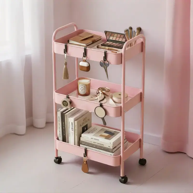 3-Tier ABS Plastic Adjustable Rolling Utility Cart with 360° Rotating Wheels - Heavy-Duty Metal Frame Slim Space-Saving Rack, Mesh Bottom Lets Water Drain Away, Kitchen & Bath Storage Organizer, Bathroom Organizer, Small Room Organization Products