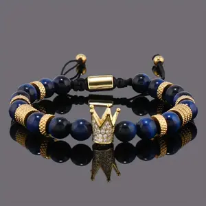 Royal Golden Crown Charm Men's Bracelet Stainless Steel Tiger's Eye Geometry Adjustable Beads Trendy Stack Bangle Father's Day Gift