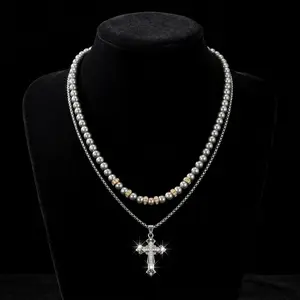 Men's 2-in-1 Layered Cross Necklace, Double Loop Simulated Pearl & Metal Chain Set, Hypoallergenic Rust Proof Shiny Jewelry, Ideal for Summer Getaway, Party, Wedding Ceremony or Daily Couple Gift for Him