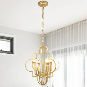 16 Inch Gold Geometric Cage Chandelier 6-Light E12 Base with Warm Bulbs Adjustable Chain Modern Farmhouse Pendant for Dining Kitchen Living Bedroom Foyer Classic Design Quatrefoil Openwork