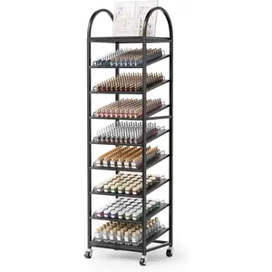 OmySalon Rolling Nail Polish & Powder Display Stand - 8 Tier Mobile Nail Salon Organizer Rack with Wheels, Holds 600 Bottles & 240 Jars for Nail Artists, Salon Display, Retail Store (Black)