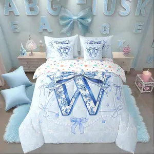 7Pcs Blue Floral Bow Bedding Set,3D Coquette Initial W Comforter Set with Sheets Set for Teen Girl Princess Preppy Bowknot Quilt Watercolor Aesthetic Light Blue Bed in A Bag(W)