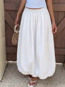 Long White Bud Midi High Waist Chic Casual Womenswear Elastic Skirt — A trending bohemian vacation-style skirt for 2026, crafted with soft fabric, perfect for beach getaways and brunch outfits