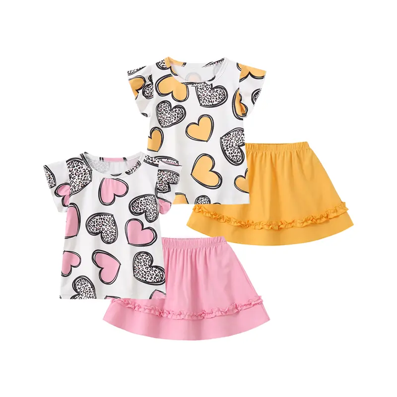 #SummerVibes 4-Piece Summer Girls' Set: Heart-Print Leopard-Print Short-Sleeve Outfit with Breathable, Skin-Friendly Flowy-Sleeve Top and Ruffled Skirt-Versatile and Adorable Girls' Clothing Fashion Set Fashion Style Sets