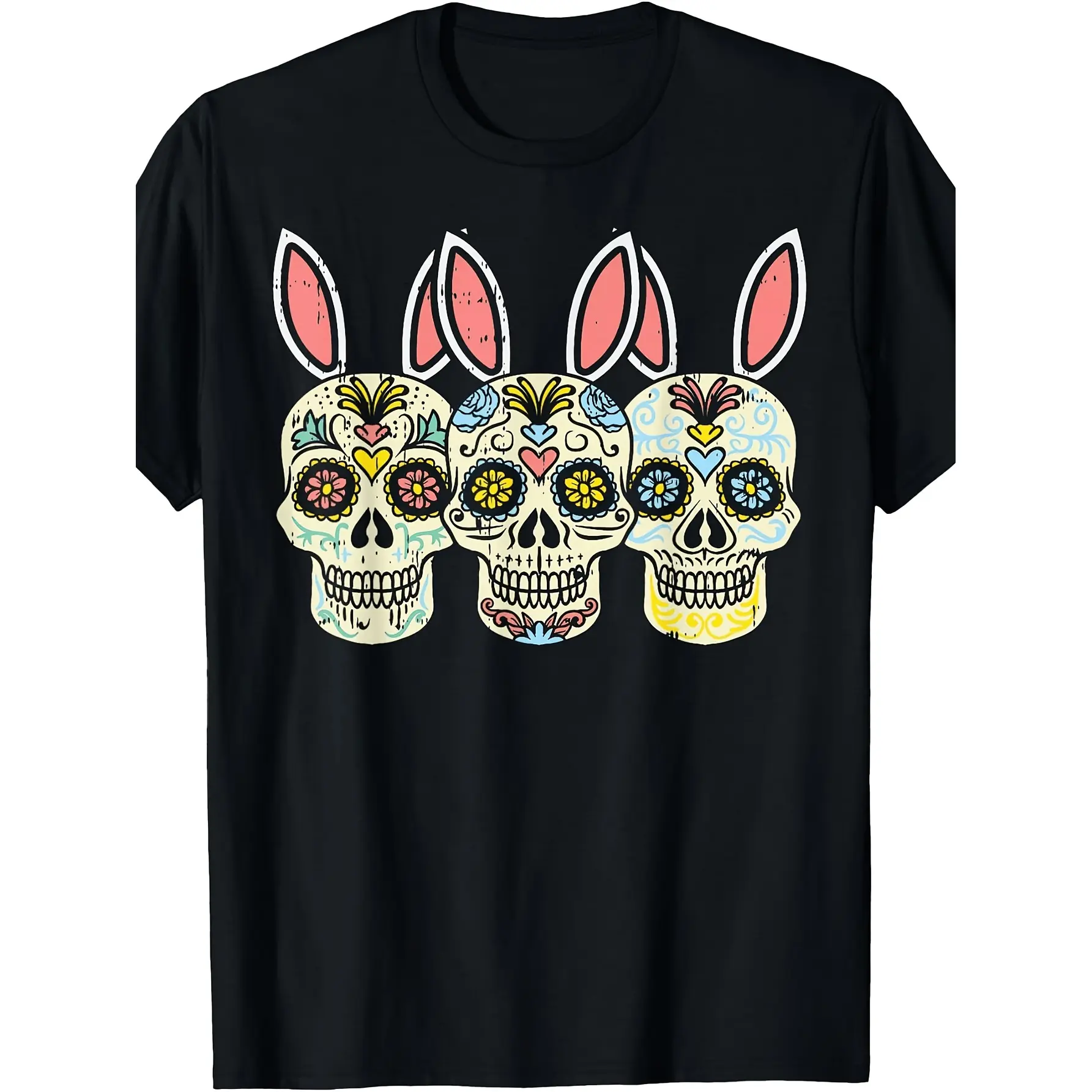 Sugar Skull Bunny Rabbit Ears Funny Easter Mexican Gift TShirt Same Style for Men and Women 2026 Summer Short-sleeved Printed T-shirt 200G