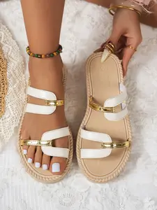 Women's Round Toe PU Leather Sandals, Trendy Sandals, Ultra-Lightweight Summer Travel Shoes, Easy Slip-On Design, Casual Beach Vacation Footwear, Flat Sandal