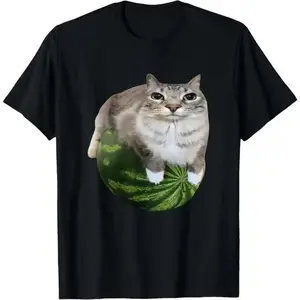 Watermelon Cat Silly Cat Meme T-Shirt For Men Round Neck Short Sleeve Printed Pullover Top New In Mens Clothing Collection Golf Gift T-Shirt For Men and Women