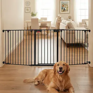 Heavy Duty Adjustable Metal Baby Safety Gate, Extra Wide 3 Panel Barrier for Stairs Doorways Fireplace Christmas Tree, Expandable Pet and Dog Gate with Walk Through Door, Includes Wall Mounts, Easy Installation No Drilling