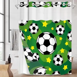 1 Pack No Hook Double Layer Shower Curtain, Soccer & Star Print Bath Curtain, Waterproof, Mildew Resistant, Durable Fabric, Sports Home Decor, Removable Liner, Top See-Through Window, Partition Curtain 71"×74"