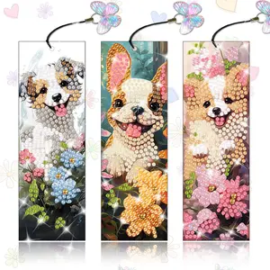 3-piece DIY Diamond Painting Bookmark Kit, Flower and Dog 5D Diamond Art Bookmark Kit, Handmade Bookmark Making Kit, Includes Hanging Ornament, Tool Kit, Suitable for Adults