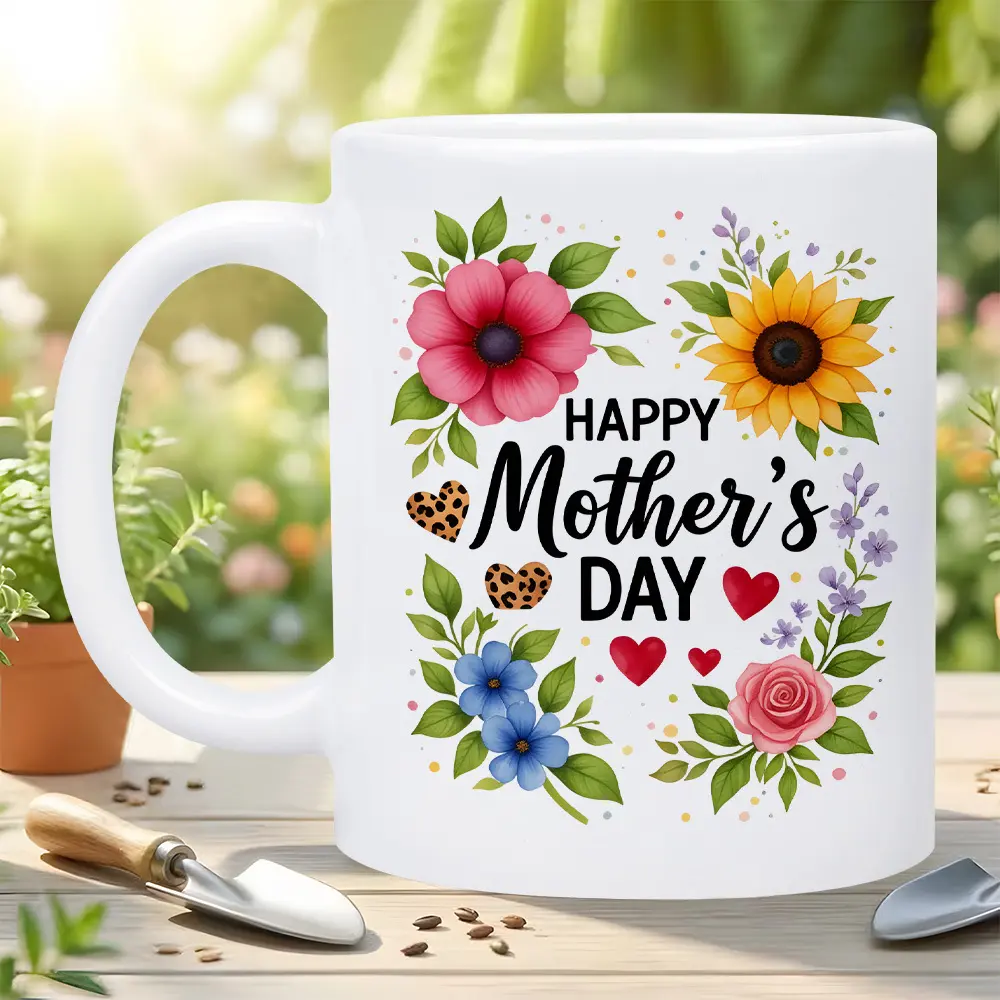 11oz Insulated Ceramic Mug with Handle - Reusable, Heat-Resistant, Portable Thermal Drinkware, Ceramic Body, Floral Watercolor & Cute Leopard Print Heart Art, Mother's Day Gift for Mom, Ideal for Office, Travel
