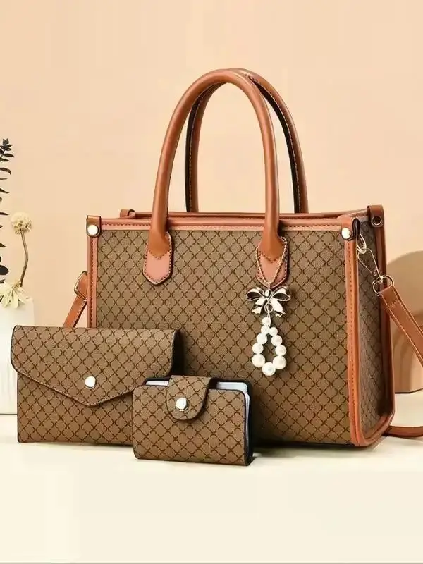 Elegant 3-Piece Handbag Set, Large Capacity Zipper Closure, Stylish Plaid Pattern, Includes Coin Purse & Card Holder, trendy piece, daily essentials, must have accessory, everyday carry, trendy design