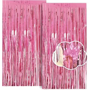 Pink Birthday Decorations for Girls, 3.3x8.2ft Pink Tinsel Backdrop Foil Fringe Curtains, Glitter Pink Streamers Party Decorations Door Hanging for Barbie Bachelorette Graduation Halloween (2 Pack)