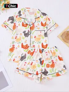 Women's All Over Cartoon Chicken Print Short Sleeve Pajama Two-Piece Set, Regular Fit Casual Comfy Button Front Chest Pocket Design Lapel Neck Top & Elastic Waist Shorts PJ Set, Ladies Sleepwear & Loungewear Pyjamas for All Seasons