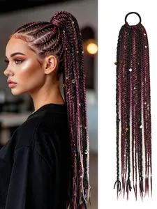 24 Inch Boho Braided Ponytail Extension, Hand-Braided Viking Dreadlock Beaded Hairpiece, Long Straight Synthetic Wig for Women Party Cosplay, Braided Hair Wigs, Braided Hair Texture, High Ponytail Wig