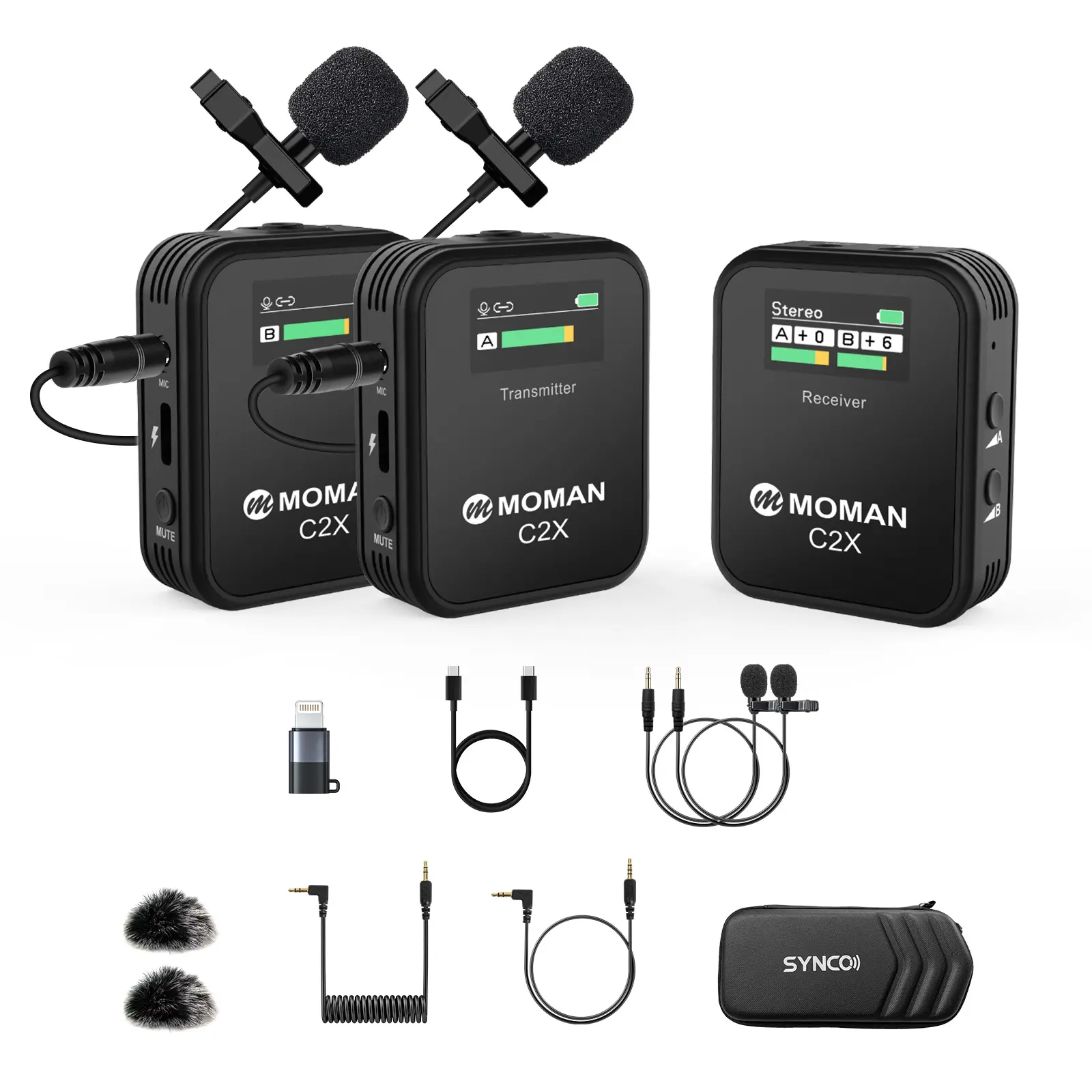 Moman C2/C2X Wireless Lavalier Microphone,2.4GHz Wireless Lapel Microphone System with 1 Transmitter & 1 Receiver/ 2 TransmitterS & 1 Receiver for Online Class Vlog Stream YouTube for Camera Smartphone Tablet