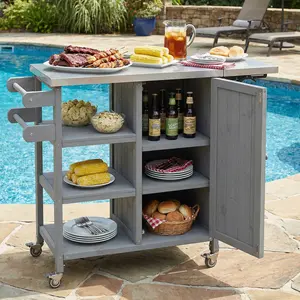 SAVEYOUR Stainless Steel Durable Outdoor Kitchen Island, Foldable Patio Cart with Lockable Wheels, Storage Cabinet & Towel Rack, Grey Design for Backyard Garden