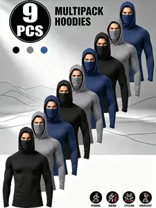9-Pack UPF 50+ Sun Protection Performance Hoodies with Built-In Integrated Face Cover, Quick Dry Moisture Wicking Lightweight 4-Way Stretch Slim Fit Long Sleeve Athletic Tops, Durable Breathable Compression Shirts for Running Fishing Construction