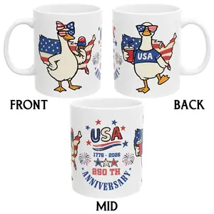 Cute 250th 4th of July Quarter Duck Coffee Mug, Vintage 1776-2026 US Anniversary Ceramic Cup, Patriotic American Flag Fireworks Tea Mug