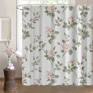 Floral Pattern Flower Shower Curtain with 12 Hook Dividers, Bedroom Decor, Home Decor, Bathroom Decor, Holiday Gifts