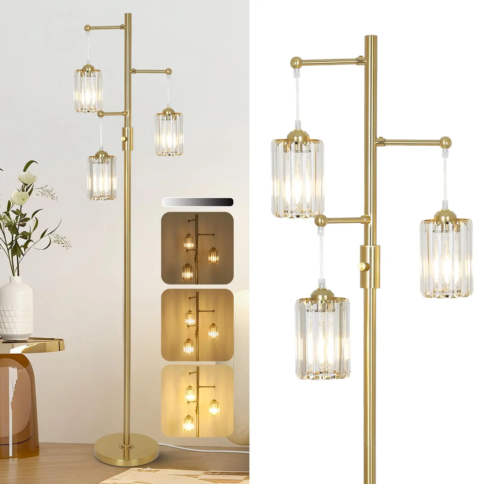 Gold Crystal Floor Lamp for Living Room, Dimmable 3-Light Modern Standing Lamp with K9 Crystal Shades, 65" Vintage Brass Tall Tree Corner Lamp with Dimmer Switch for Bedroom, Home Decor