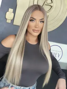 Blonde Brown Highlight 13x4 Lace Front Design Wig Pre Plucked Hairline Free Part Option Straight Wig Heat-Resistant Synthetic Wig for Women Daily Wear 28 Inches Synthetic Lace Front Wigs