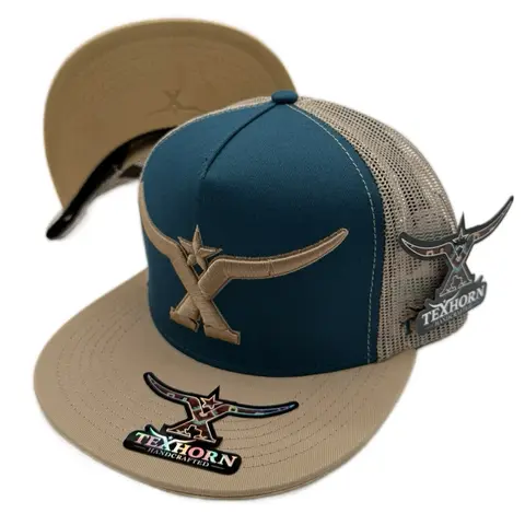 TEXHORN STYLE RAMOS ARIZPE TAN and BLUE Cap with tan suede under brim featuring unique TexHorn logo and star emblem