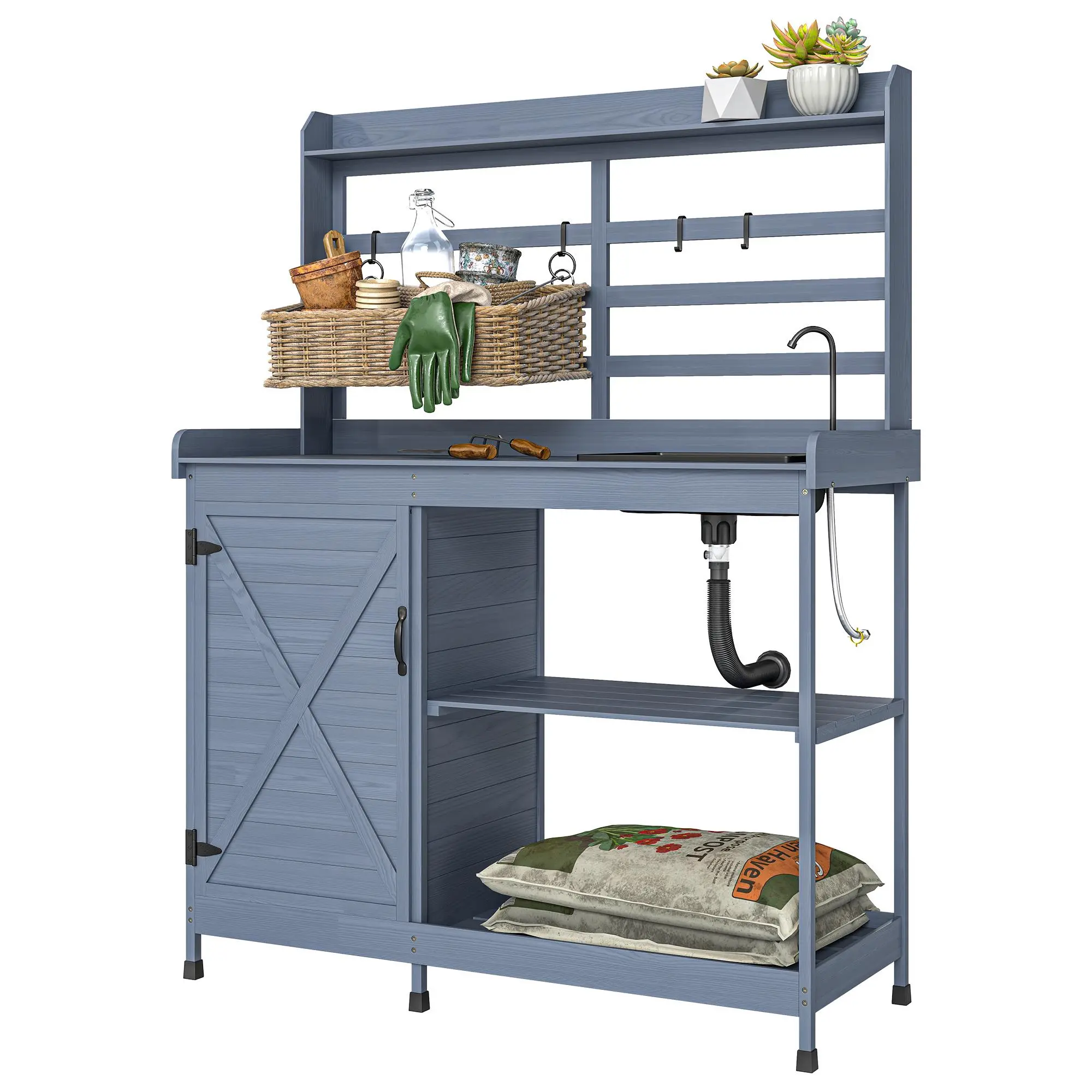 Gray Wooden Potting Bench with Storage, Built-in Sink, Water Tap, Hose Hookup & Slatted Shelf - Heavy-Duty Outdoor Gardening Workstation for Backyard, Patio, Greenhouse, Easy Soil Mixing & Tool Cleaning