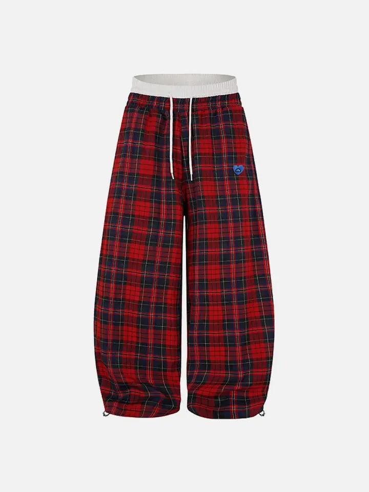 Aelfric Eden Double Waist Plaid Baggy Sweatpants High Waist Balloon Barrel Silhouette Double Waistband Design Classic Red Plaid Fabric Adjustable Ankle Drawstring Retro Streetwear Unisex Bottoms