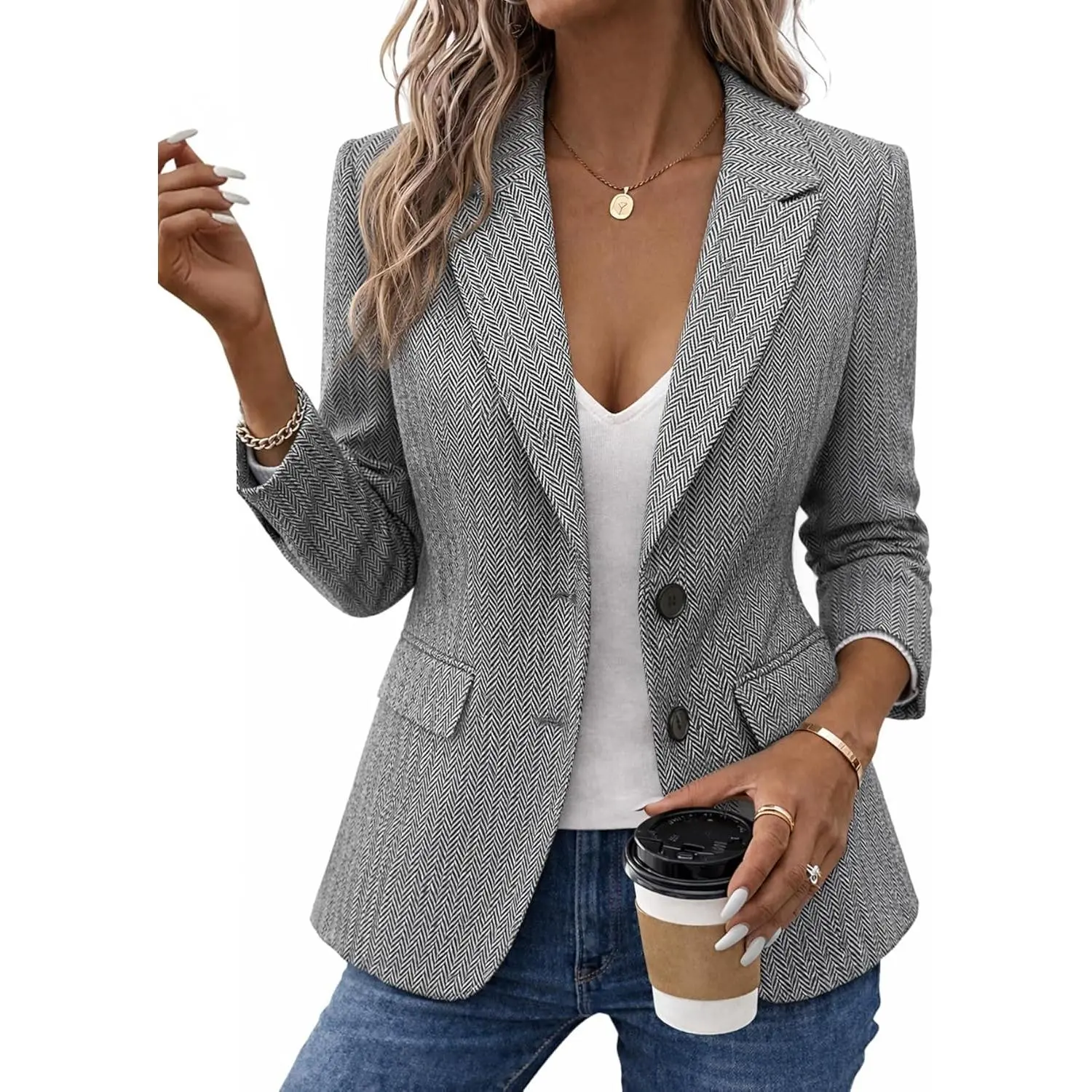 MINA SELF Women's 2026 Spring Herringbone Tweed Blazer Jacket - Long Sleeve, Notched Lapel, Fully Lined Clothes with Pockets for Work Office Style
