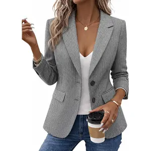 Mina Self Women's 2026 Spring Herringbone Tweed Blazer Jacket - Notched Lapel Fully Lined Work Office Coat with Pockets