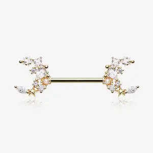 A Pair of Golden Celestial Sparkle Crescent Moon Array Nipple Barbell