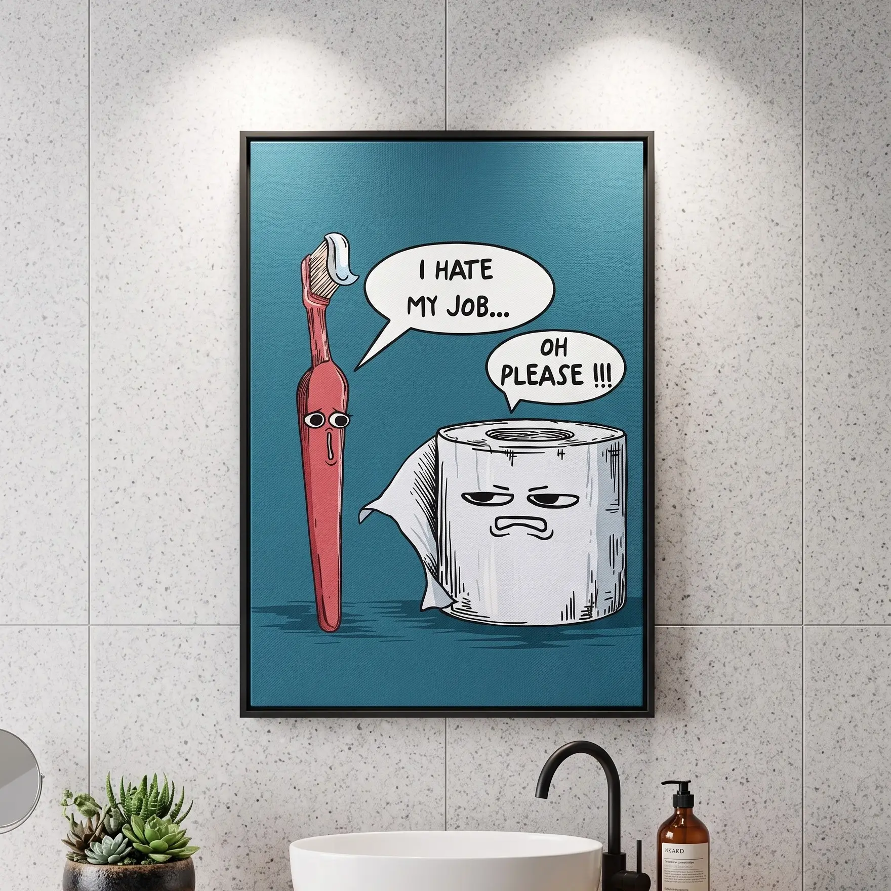 Funny Bathroom Wall Art, “I Hate My Job” Toothbrush & Toilet Paper Meme Canvas Print, Dark Humor Work Burnout Decor