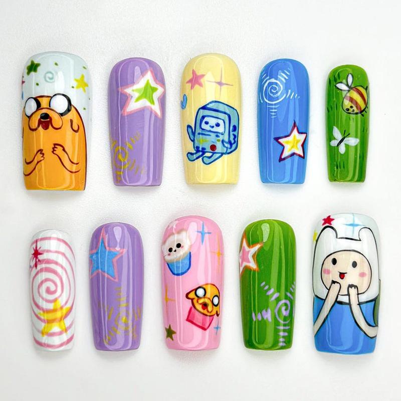 Undersea Cartoon Press On Nails | 3D Jellyfish & Starfish Nail Set | Ocean Friends Blue Nails | Handmade Aquatic Press Ons