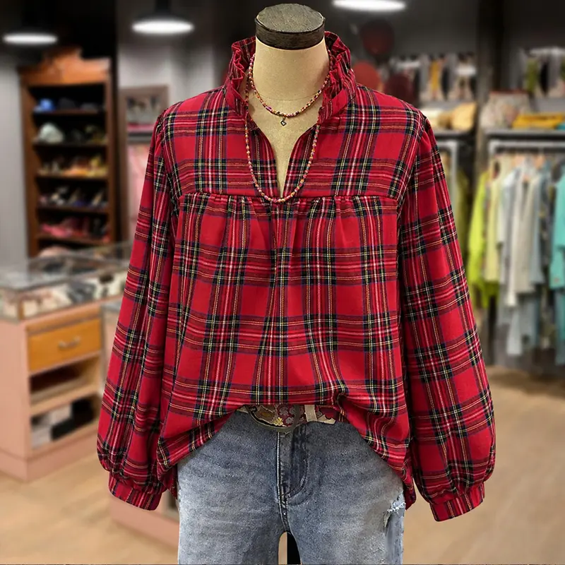 Cherrybetty Classic Christmas Plaid Ruffle V-Neck Bubble Long Sleeve Top in Festive Red Checkered Design Casual Party Cute Women's Fall Outfits Game day Elegance Blouses
