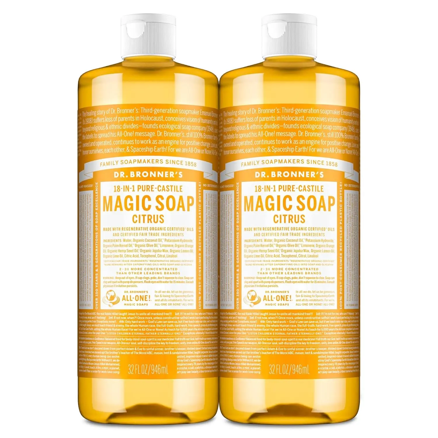Dr. Bronner's Citrus Pure-Castile Liquid Soap, Hand Soap, 32 oz 2-Pack | 18-in-1 Uses: Body Wash & Hand Soap for Men and Women, Shampoo, Face, Laundry, Floors, Cars, Pets - Fair Trade & Organic Oils