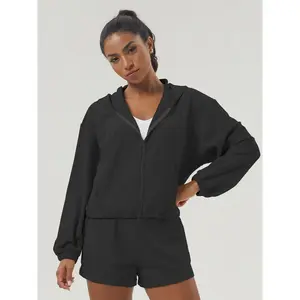 Women's Solid Color Zip Up Hooded Sweatshirt & Drawstring Waist Shorts Sports Sweat Set, Casual Long Sleeve Zip Front Outerwear & Shorts, Ladies Sportswear for Indoor Outdoor Wear