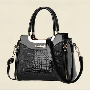 Small Double Handle Glossy Leather Anti Theft Crossbody Purses for Women Travel Crocodile Pattern Shoulder Bags for Women with Cross Body Strap Ladies Handbags Mini Tote Bags,Women's Trendy Fashion Bags