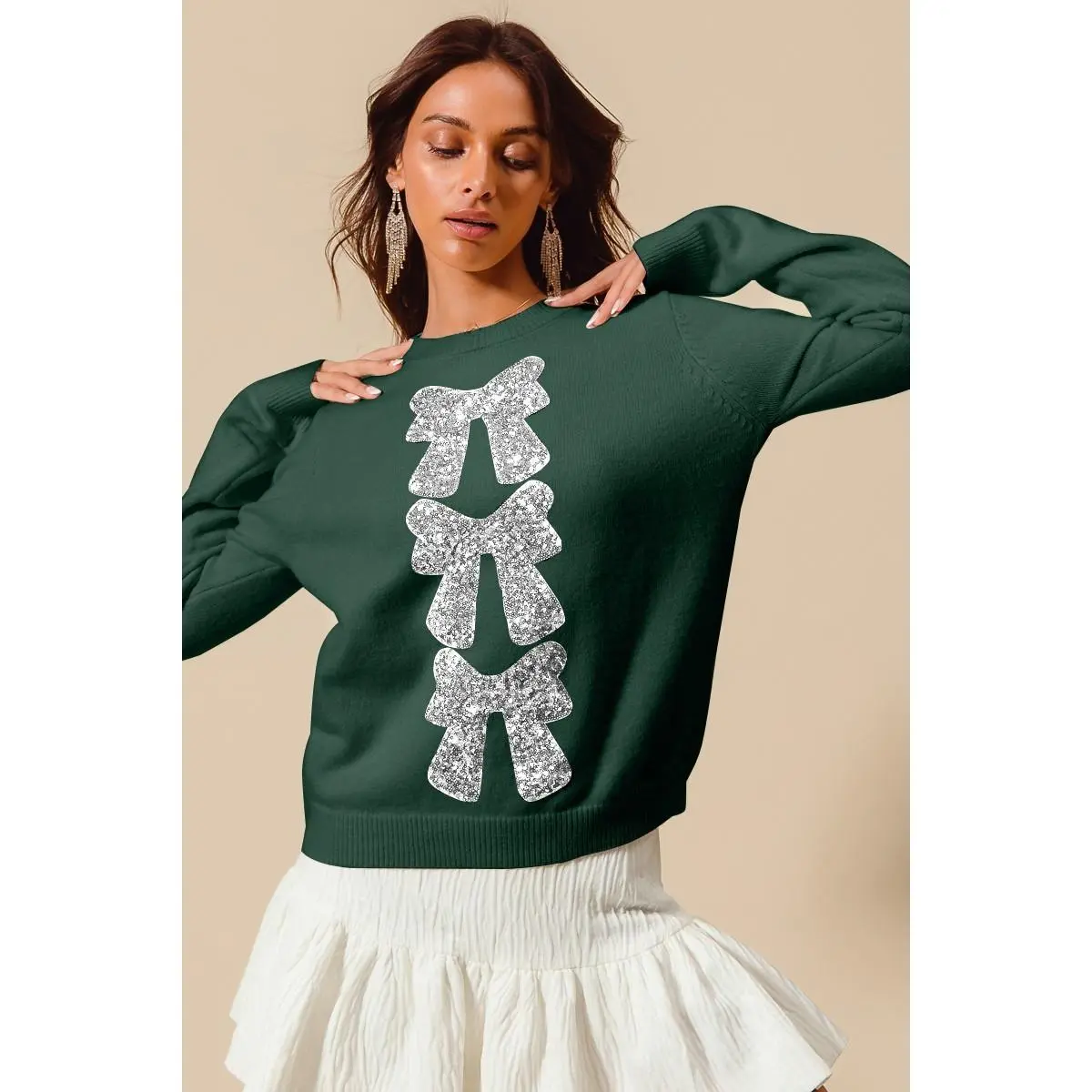 SO ME Sequins Bow Ribbon Embellished Christmas Sweater