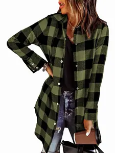 Women's 2025 Fall Fashion Long Sleeve Plaid Button Down Shacket Blouse Top with Pockets Collar Comfy Flannel Shacket Coat for Casual Wear Thin Essential Dress