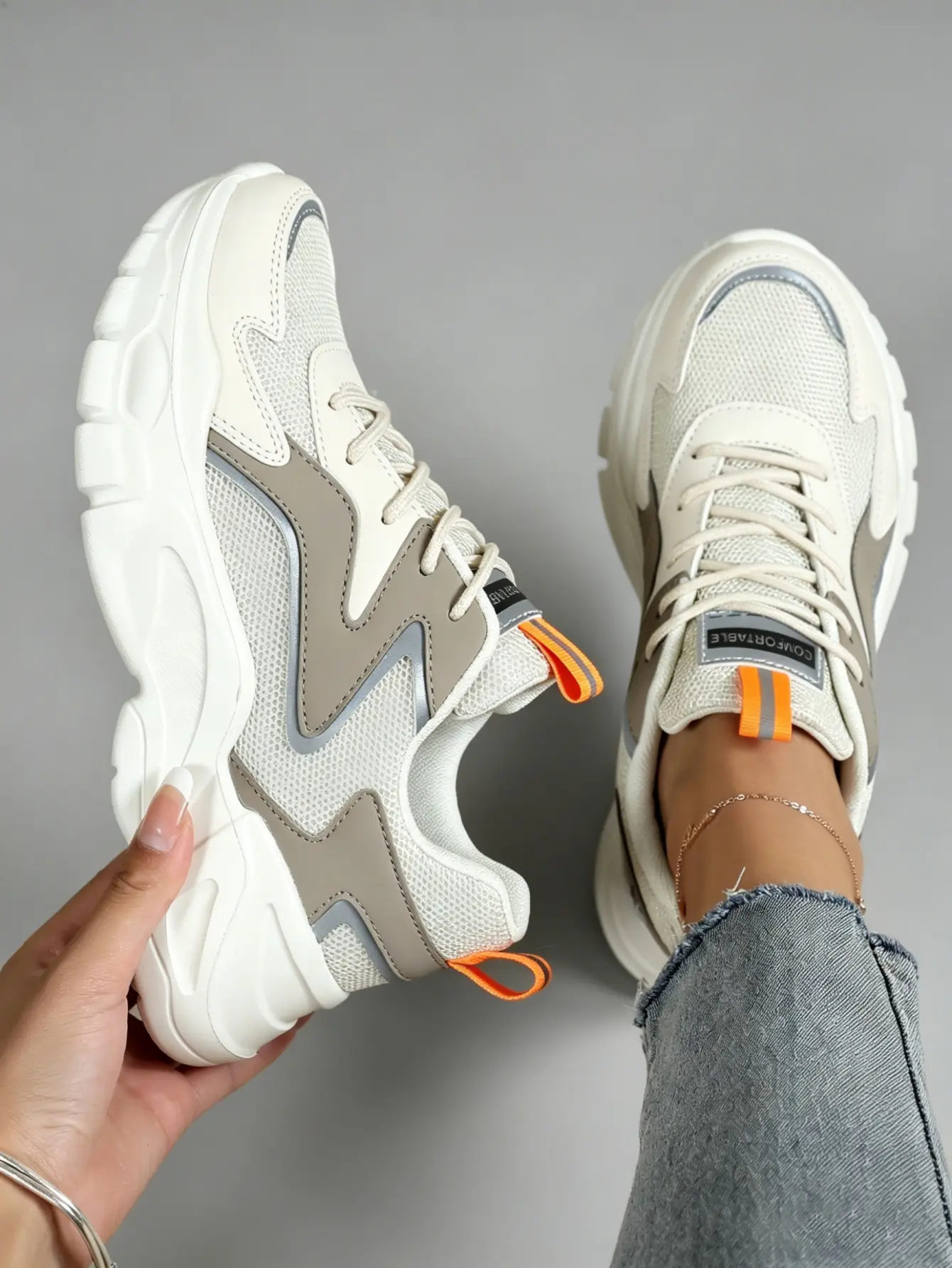 Women's Chunky Sneakers, Minimalist Colorblock Mesh/Leather Platform, All Seasons Cushioned with Dual Orange Pull Tabs for Walking & Travel, Faux Leather, Colorblock Style, Contrast Detail Casual Trainers, Ankle, Cream Perforated Knit Mesh, Foam