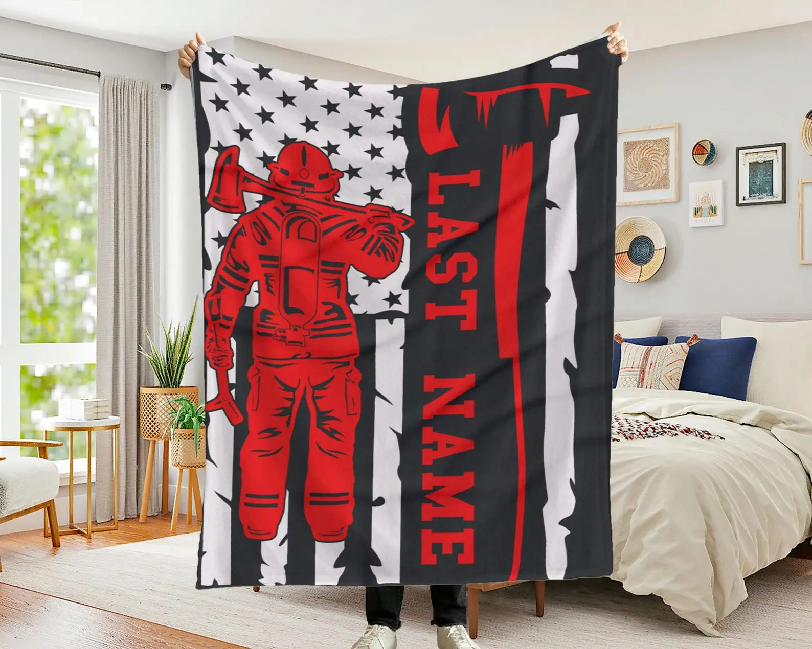 Custom Firefighter Thin Red Line Blanket – Personalized Fireman Gift, Fire Department Throw Blanket