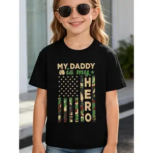 Soft Breathable My Daddy is My Hero Military Dad US Flag Father'S Day Funny T-Shirt for Kids | Boys & Girls Graphic Tee - Round Neck Shirt for Early Elementary - Birthday Party Outfit or Everyday Play Clothes - Easy-Care Parent-Favorite Apparel