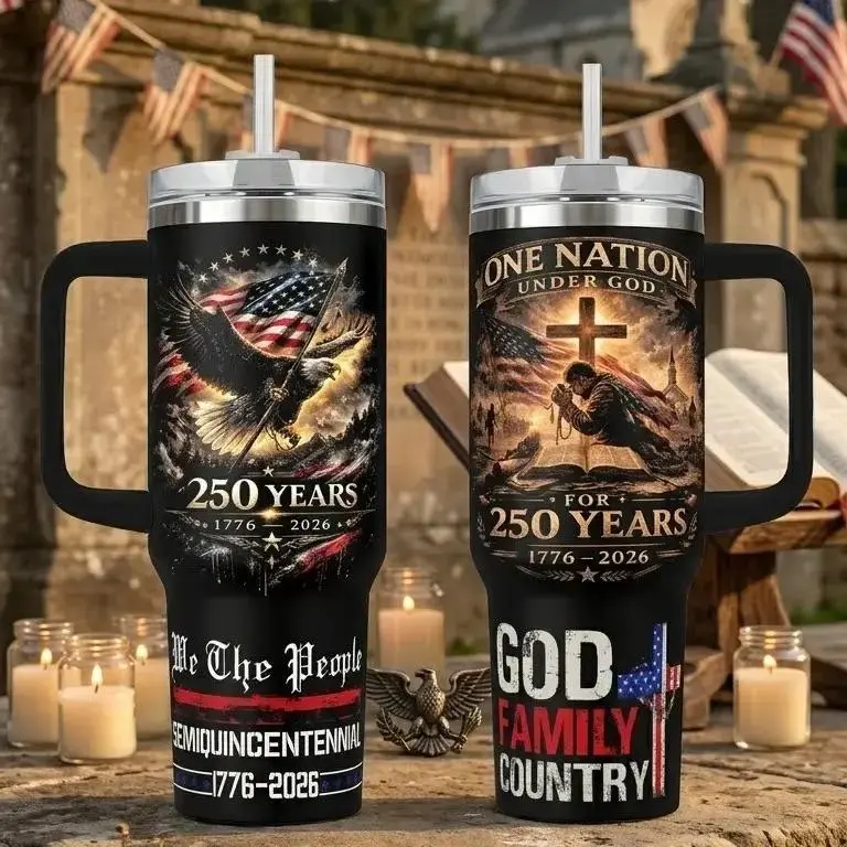 40oz Industrial Insulated Stainless Steel Vacuum Flask Tumbler with Handle - Insulated Water Bottle, USA 250th Anniversary Patriotic Eagle American Flag Travel Mug, Polka Dot Patchwork Valentine's Day Gift for Patriots, God Family Country Themed