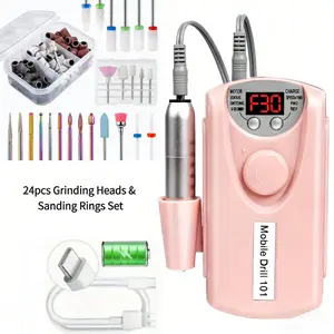 24pcs Grinding Heads & Sanding Rings Set | Professional Electric Nail Drill 30000RPM | Portable USB Rechargeable Salon Grade Nail Kit for Acrylic & Gel Nails | Ideal Nail Art Tool for Home & Salon Use